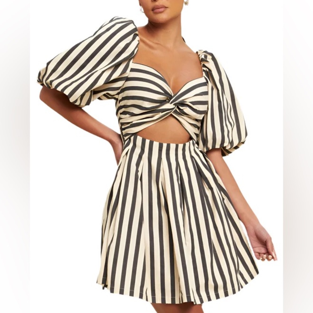 Striped A-line Cute Puff Sleece Mini Dress.